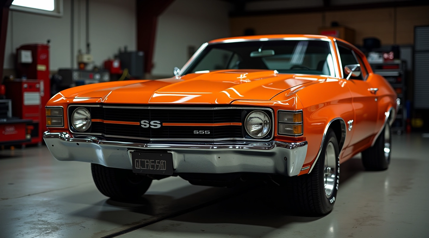 Grėsmingai ryškus 1972 metų Chevrolet Chevelle SS su oranžiniu metalikiniu dažu garaže