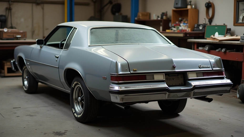 Pilka 1975 metų Pontiac Grand Am prieš restauravimą, nuo laiko susidėvėjusi, bet su originaliu šasiu