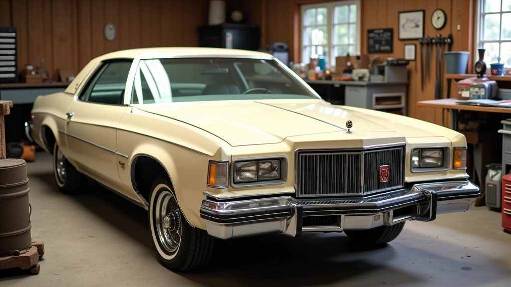 1976 metų Buick Regal su kreminės spalvos dažais, stovintis privataus garaže šalia restauravimo įrankių