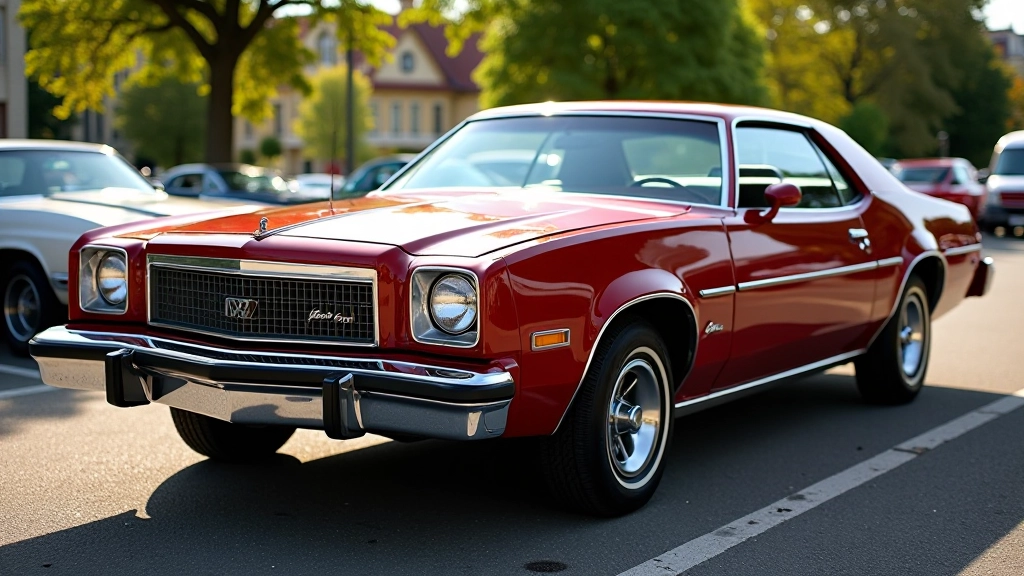1978 metų Dodge Magnum XE su tamsiai raudonais dažais, stovintis klasikinio automobilio parke saulėje