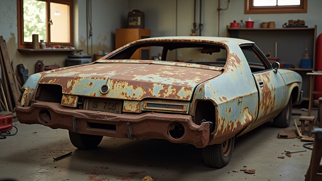 1976 Buick Regal kėbulas restauravimo pradžioje, pilnas rūdžies ir damagų, garaže su įrankiais