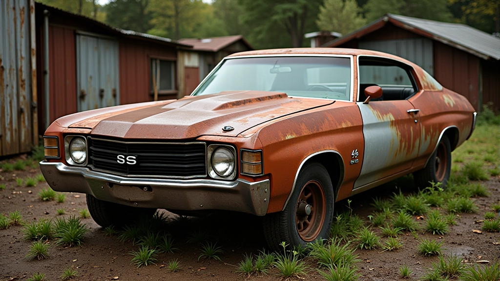 Rūdžiu apdengtą 1972 Chevrolet Chevelle SS iš lauko garaže, prieš restauravimą pradedant
