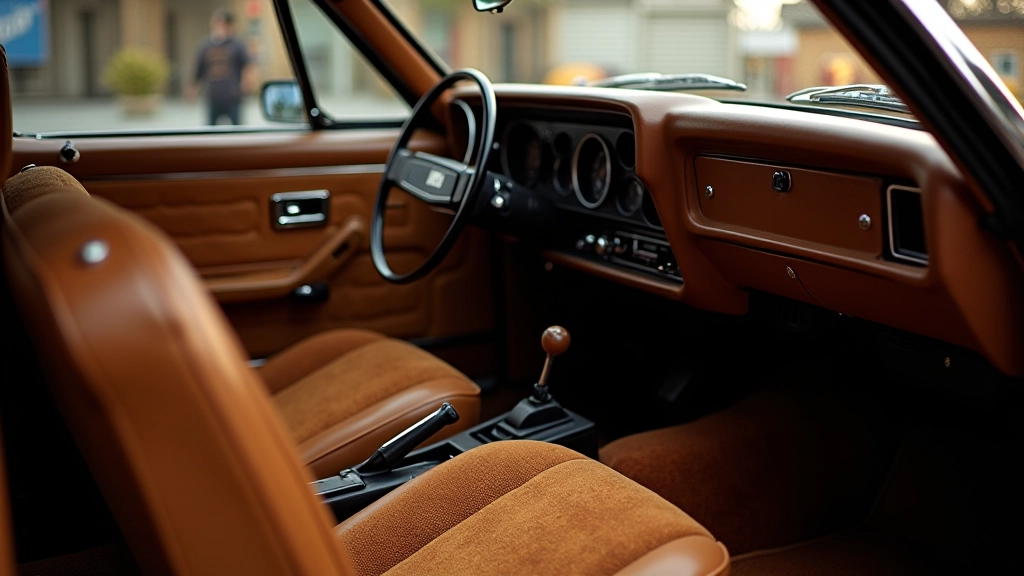 Restauruotas 1975 Pontiac Grand Am interjeras su originalia sidabrą-juodą spalvų schema, atnaujintomis sėdynėmis, instrumentų skydu ir vairo ratu, garaže su šviesia apšvietimo sąranga