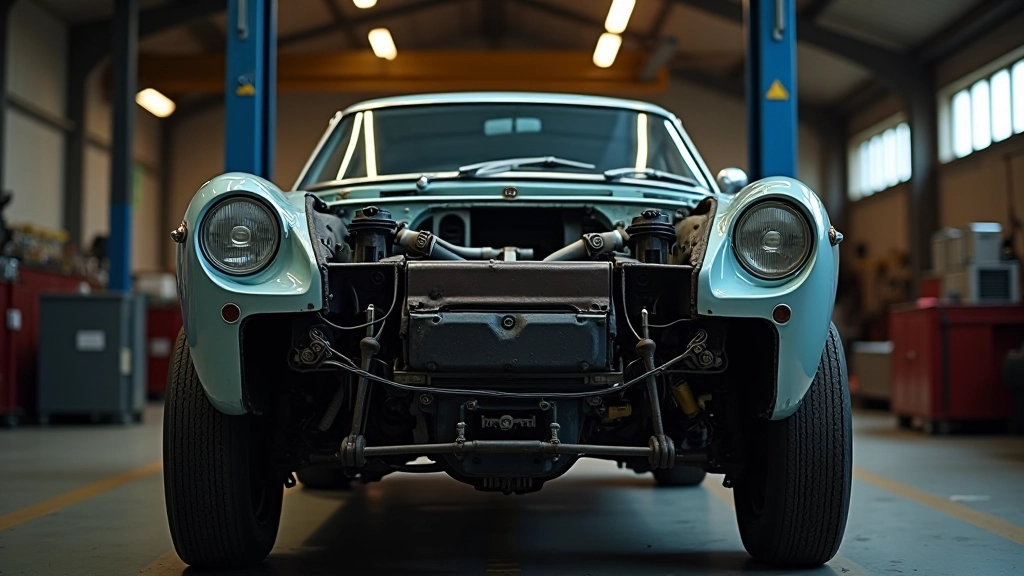 Išmontuota 1975 Pontiac Grand Am šasė, išvalyta nuo rūdies, paruošta restauravimui su matomais tvirtinimo taškais ir inžineriniais detalizavimais